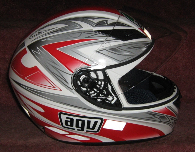 an agv helmet in white, red and silver
